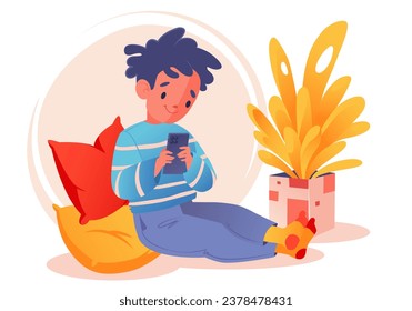 Concept of using gadgets by child, character of little boy with cell phone in his hands surfing internet, chatting and social media. Distance education, dependence on smart technology. 