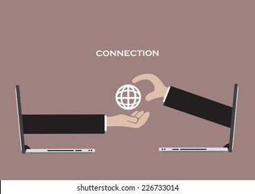 Concept for using global network technology for virtual business connection. Vector illustration of arms coming out of mobile laptops to embrace a global network symbol.