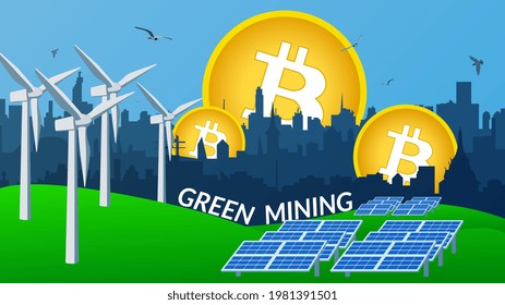Concept of using green energy to protect the environment when mining bitcoin. Windmills and solar panels stand on the green grass to generate electricity. City skyline. Vector illustration.