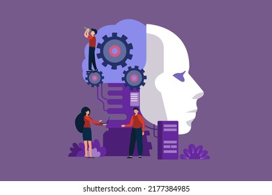 The concept of using the human mind as a gear spinning in the brain, a solution to a problem, creativity. brainstorming of people in the organization to achieve success. Flat illustration.