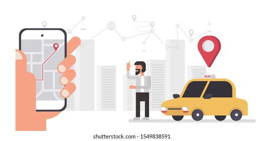concept of using mobile application finding car, hand holding smartphone with city location pin on map for online vehicle sharing service, taxi travel, transportation cartoon flat vector illustration