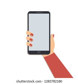 The concept of using a mobile phone.Cute woman hand with manicure holding smartphone isolated on white background.Vector illustration