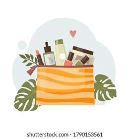 The concept of using organic cosmetics and nature conservation. Image of a cosmetic bag surrounded by green flakes, cosmetic products. Isolated on white background. Flat design. Vector illustration.