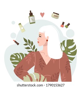 The concept of using organic cosmetics and nature conservation. Image of a young girl surrounded by green flakes, cosmetics. Isolated on white background. Flat design. Vector stock illustration.