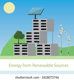 Concept using renewable energy that is environmentally friendly. Solar cell installation on the building Tree planting And the installation of wind turbines.