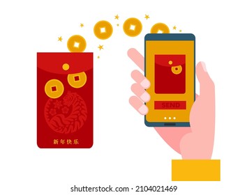 Concept of using smart phones to send red envelopes. The digital hongbao on gadget in chinese lunar new year. Vector flat illustration for web, landing page, banner. Translation- happy new year.