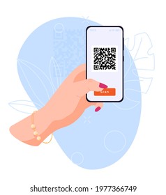 The concept of using a smartphone. Phone in hands. Scan Qr code. Vector illustration on a white background