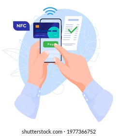 The concept of using a smartphone. Phone in hands. NFC payment for purchases. Vector illustration on a white background