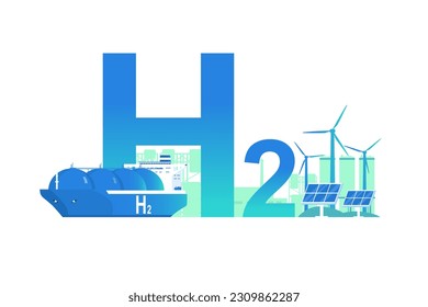 The concept of using and transporting hydrogen as an energy source. Gas ship, hydrogen liquefaction plant, solar panels and wind turbines. Vector illustration.