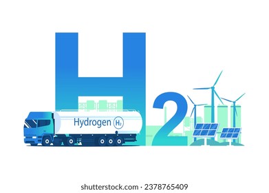 The concept of using and transporting hydrogen as an energy source. Truck with tank, hydrogen liquefaction plant, solar panels and wind turbines. Vector illustration.