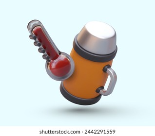 Concept of utensil for long term preservation of heat. Realistic thermos, red thermometer