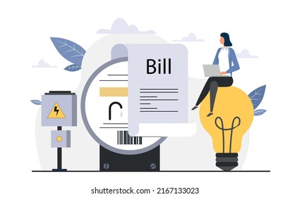 Concept of utilities. Girl with laptop sits on light bulb. Electricity and water, character calculates costs for apartments. Financial literacy and monthly payments. Cartoon flat vector illustration