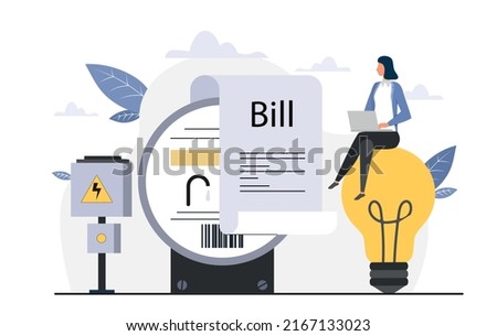 Concept of utilities. Girl with laptop sits on light bulb. Electricity and water, character calculates costs for apartments. Financial literacy and monthly payments. Cartoon flat vector illustration