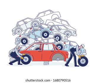 Concept Of Utilization Of Vehicles. Characters Work On Junkyard Sorting Old Used Automobiles And Piles Of Damaged Cars. Characters Dismantling Cars. Cartoon Linear Outline Flat Vector Illustration