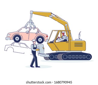 Concept Of Utilization Of Vehicles. People Work On Junkyard Sorting Piles Of Damaged Cars. Character Working On Junkyard Machine Crane With Open Claw. Cartoon Linear Outline Flat Vector Illustration