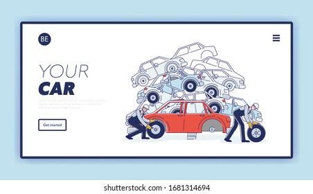 Concepto De Utilización De Vehículos. Página de inicio del sitio web. La Gente Trabaja En La Ordenación De Automóviles Antiguos Usados. Camiones de desmantelamiento de caracteres. Ilustración de vectores planos de contorno lineal de caricatura