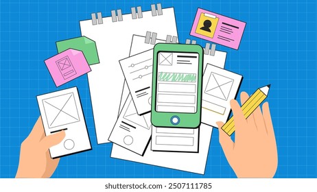 The concept of UX UI design methodology demonstrates the sketching and prototyping process in neubrutalism style.