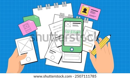 The concept of UX UI design methodology demonstrates the sketching and prototyping process in neubrutalism style.