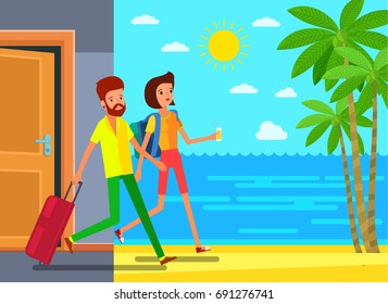 Concept of vacation. Businessman and woman go on holiday to the sea. Holidays time, recreation, travel and relaxation. Flat design, vector illustration.