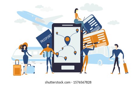 Concept of vacation planning with Flat people travelers , travel by various means of transport, train, plane, bus, on-line booking of tickets, trip, tourism set, travel, tour, vector illustration