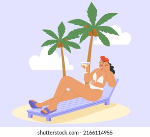 Concept of a vacation at a seaside resort. Flat vector illustration a happy woman in bikini sunbathing on the beach. Summer vacation banner on a tropical island. 