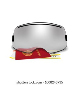 The concept of vacation at a ski resort. Ski goggles and plane tickets.