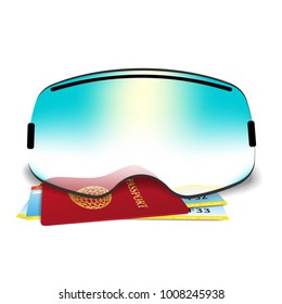 The concept of vacation at a ski resort. Ski goggles and plane tickets.
