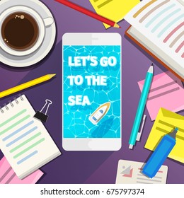Concept of vacation. Smartphone with boat and words Let's go to the sea. Top view. Flat design, vector illustration.
