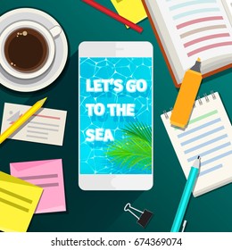 Concept of vacation. Smartphone with palm leaves and words Let's go to the sea. Top view. Flat design, vector illustration.