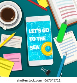 Concept of vacation. Smartphone with yellow ring floating and words Let s go to the sea. Top view. Flat design, vector illustration.