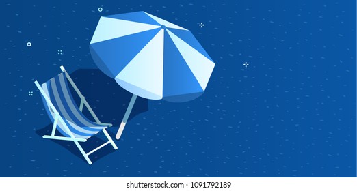 Concept of Vacation. Sunbed with sunshade on blue background. Flat style vector illustration