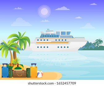 The concept of vacation and travel. suitcases, balls, bags on the beach. The background of coconut trees and cruise ships with fine weather