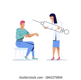 Concept of vaccination against coronavirus. Tiny female doctor with a huge syringe makes vaccinations, man prepared arm. Flat Art Vector Illustration