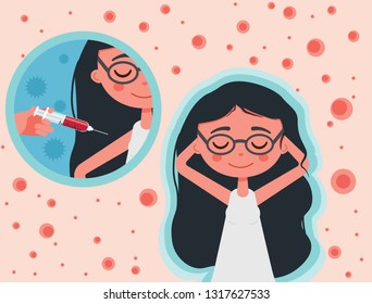 The concept of vaccination, depicts a happy girl who was vaccinated, acquired immunity, vector, illustration