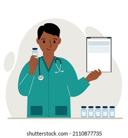 The concept of vaccination. The doctor is holding a vaccine and a document. Delivery of the vaccine. Social media campaign concept, flyer. Vector flat illustration