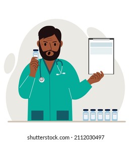 The concept of vaccination. The doctor is holding a vaccine and a document. Delivery of the vaccine. Social media campaign concept, flyer. Vector flat illustration