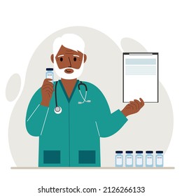 The concept of vaccination. The doctor is holding a vaccine and a document. Delivery of the vaccine. Social media campaign concept, flyer. Vector flat illustration