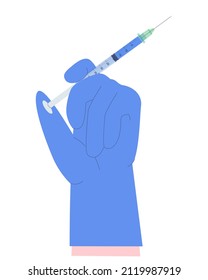 The concept of vaccination. Doctor's hand in a rubber glove, holds a syringe with a needle for the treatment of influenza virus, flat vector illustration
