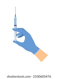 Concept of vaccination. Hand in blue medical glove holds syringe with vaccine. Doctor preparing to make preventive injection from covid. Cartoon flat vector illustration isolated on white background