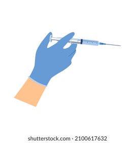 Concept of vaccination. Hand in medical glove holds syringe with vaccine. Doctor gives injection to protect against flu or coronavirus. Cartoon flat vector illustration isolated on white background