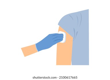 Concept of vaccination. Hand in medical glove holds cotton wool and disinfects patient shoulder for injection against flu and coronavirus. Cartoon flat vector illustration isolated on white background