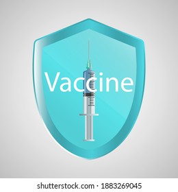 The concept of vaccination. The immunization campaign. Vaccination against the vaccine. Health and safety. A syringe with the vaccine on the protective shield. Medical treatment.