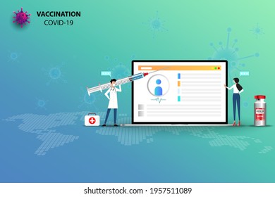 Concept of vaccination to protect coronavirus, two doctors wear a face mask and working on a big screen of laptop and standing near syringe and vaccine bottle to prepare and inject to the patient.