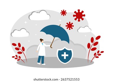 The concept of vaccination and protection against diseases, viruses and bacteria. Doctor with umbrella and shield