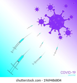 The concept of vaccination. Syringes with the vaccine attack the virus cells. Healthcare and medicine. Vector illustration.