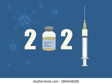 Concept of vaccine against covid-19  pandemic available in the year 2021. Vector illustration of syringe, needle, vaccine bottle and text.