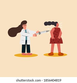 Concept vaccine covid-19. Vector illustration in flat cartoon design. Vaccination, healthcare, immunization. The doctor holding syringe and going to give an injection to the patient. 