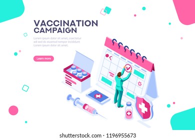 Concept of vaccine emergency day, virus infographics. Adult shot. Template with syringe. Protection campaign for immunity. Concept with characters flat isometric vector illustration.