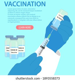 Das Konzept von Impfstoffen zur Vorbeugung . Impfstoffe und Impfung gegen Coronavirus, COVID-19, Influenzavirus. Von den Händen des Arztes mit medizinischen Handschuhen, die die Impfflasche und die Spritze halten, entwerfen.