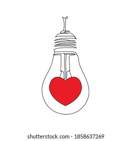 Concepto Día de San Valentín. Bombilla con corazón. Dibujo de una línea. Dibujo de línea continua de la ilustración del vector. Esbozo.